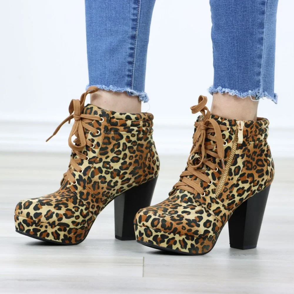 Leopard Platform Ankle Boots High Heel Leopard Faux Suede Lace-Up Block - Picture 12 of 12